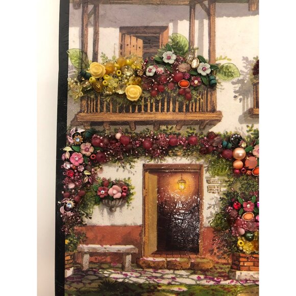 3D Italian Inspired Jewelry and Bead Enhanced Upcycled Art Floral Village Scene - Picture 2 of 8